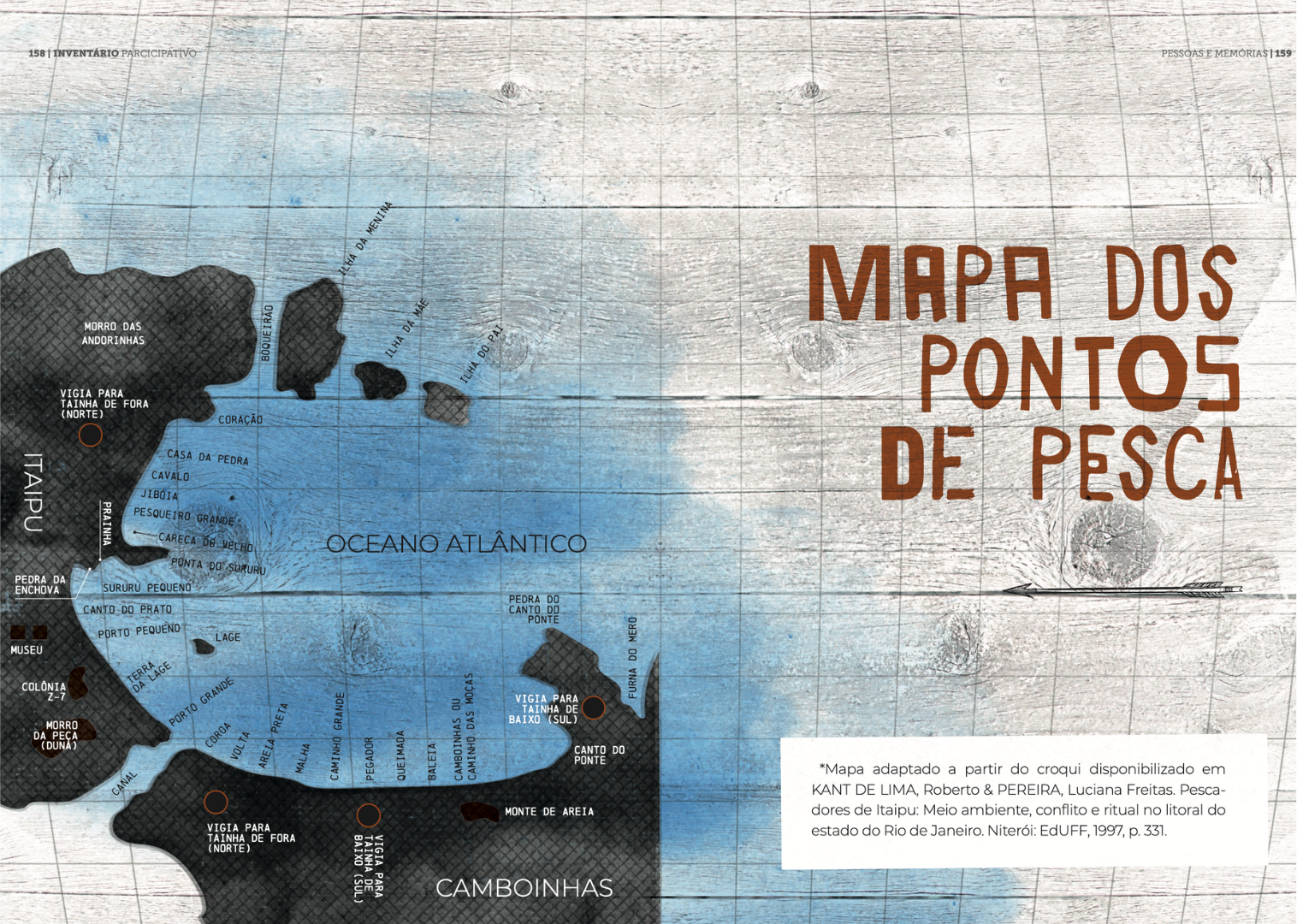 Mapa dos pontos de pesca na baía entre as praias de Itaípu e Camboinhas